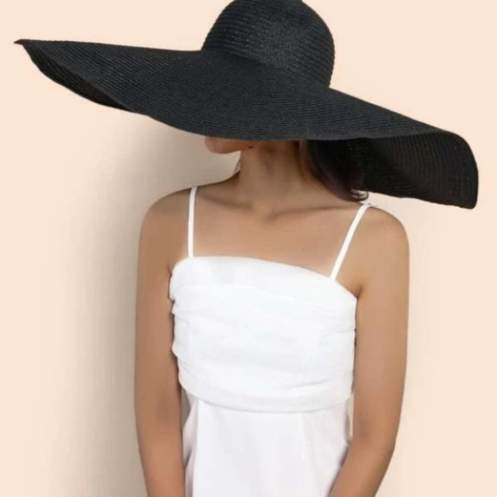 black  huge oversized wide brim straw hat - Picture 2 of 6